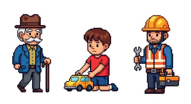 Vector  pixel art image showing an old man, a child playing with a toy car, and a construction worker