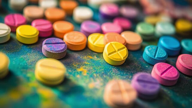 Colorful ecstasy mdma pills dolly shot