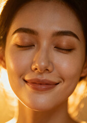 Fototapeta premium Portrait of a Young Woman with Eyes Closed and Serene Facial Expression in Warm Light