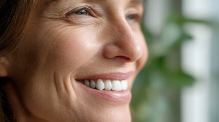 Smiling woman indoor setting portrait photography natural light close-up view capturing joyful emotions for positive vibes