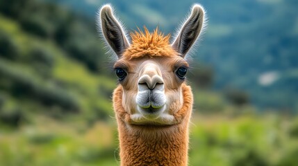 Close-up portrait of a curious llama with a soft, blurred background