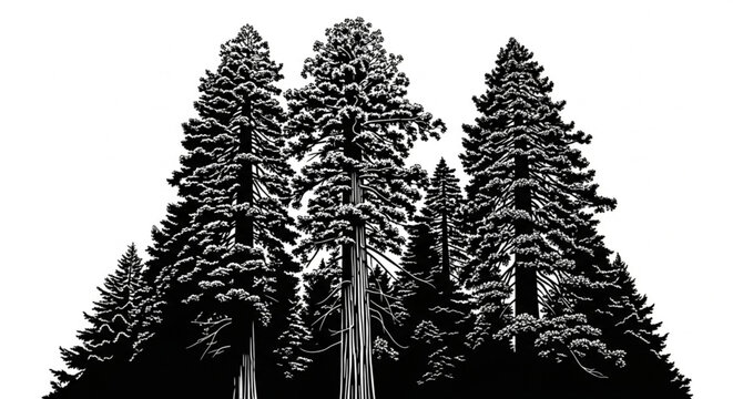 Redwood trees silhouette. This image shows a black silhouette of towering redwood trees, also known as Sequoia sempervirens, with detailed branches and foliage. Vector clipart illustration desig