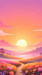 花畑を照らす朝日が優しく輝く幻想的な風景。オレンジとピンクのグラデーションが美しい自然の風景イラスト。希望や新しい始まりを感じさせる背景素材。