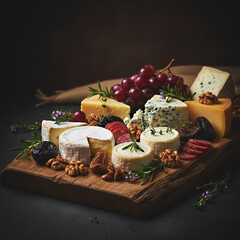 Gourmet cheese platter featuring various cheeses, nuts, and fruits arranged beautifully on a wooden board