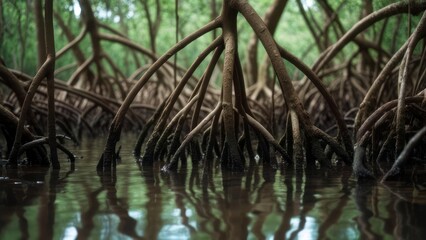 Intricate mangrove roots reflected in dark water