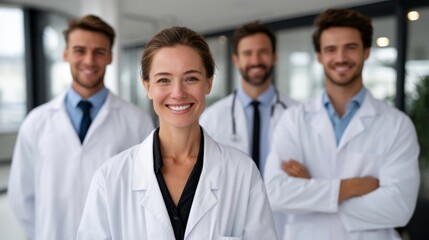 Healthcare professionals smiling in modern clinic teamwork photo bright environment inspirational viewpoint