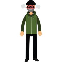 Pixelated Angry man wearing a black beanie mask and green hoodie with red eyes and smoke coming out of his ears in a cartoon style with a transparent background