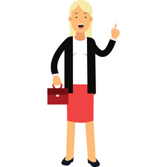Pixelated Blonde Businesswoman in Black Blazer White Blouse and Red Skirt Holds Red Briefcase Pointing Finger Upward with Open Mouth White Background