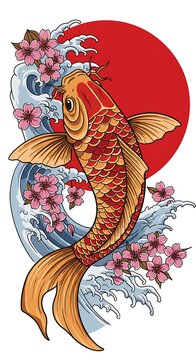 Japanese Koi Fish Tattoo with Waves and Cherry Blossoms