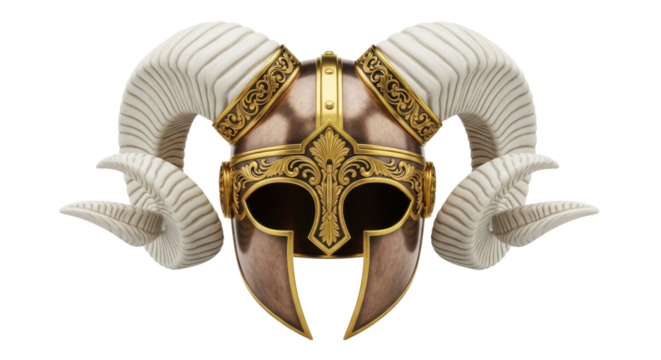 Isolated medieval viking horned helmet with ornate metalwork for fantasy warrior role play