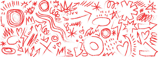A vibrant collection of hand-drawn shapes and doodles in a punk and rock style. Features bold brush strokes, graffiti-inspired elements, and quirky crayon stickers for a unique graphic feel.