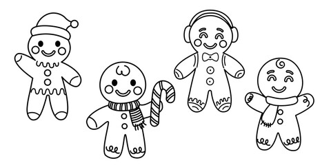 Outline gingerbread men with festive candy and christmas decorations
