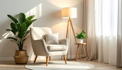 Cozy Living Room Scene with Armchair and Natural Light Flooding In Through Sheer Curtains Highlighting Lush Green Plants and Warm Lamp Glow
