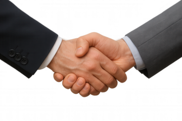 Businessmen in suits shaking hands. Depicting agreement, partnership, success, cooperation, and trust in a formal setting. Transparent