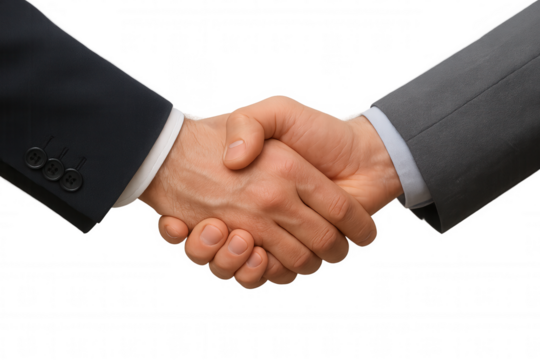 Businessmen in suits shaking hands. Depicting agreement, partnership, success, cooperation, and trust in a formal setting. Transparent