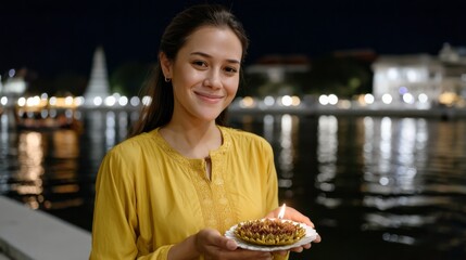 Festive celebration with diyas by the river night scene cultural event vibrant atmosphere portrait view serenity and joy