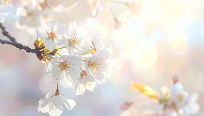 Delicate White Cherry Blossoms Illuminated by Soft Sunlight Against a Bokeh Background in Spring