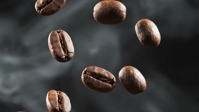 Freshly roasted aromatic coffee beans falling or floating through the air against a dark, smoky background.