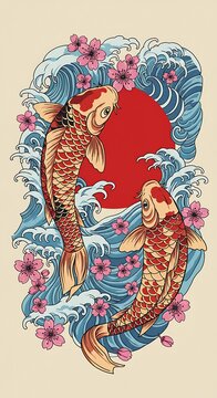 Japanese Koi Fish Tattoo with Waves and Cherry Blossoms