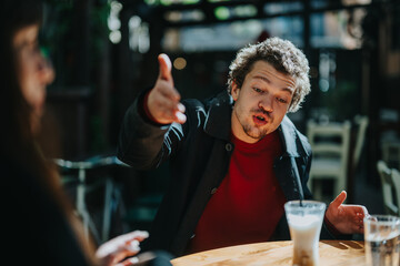 A man sitting at an outdoor cafe table gestures animatedly as he engages in conversation,...