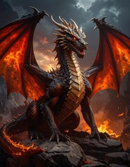 A majestic dragon with fiery wings amidst a volcanic landscape