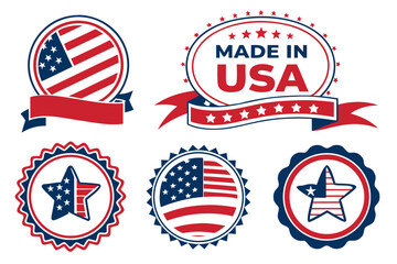 Made in USA labels, American flag badge, United States product emblem, Stars and Stripes insignia, vintage patriotic emblem set.