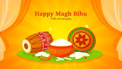 Happy magh bihu festival celebration rice harvest traditional drum festive indian holiday