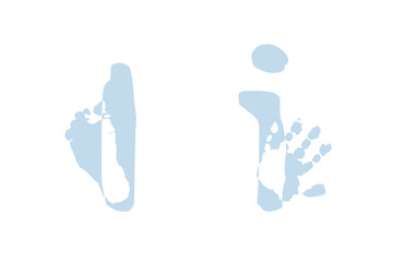 Newborn foot and hand prints. Family monogram, letter I on white background