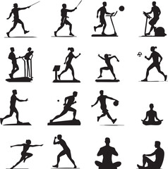 Naklejka premium Fitness activity icon set—black silhouette illustrations of 16 sports, exercises, and wellness poses for health and motion themes