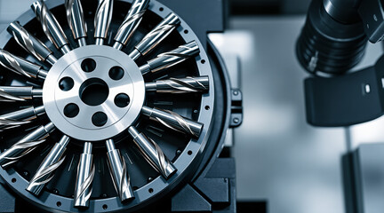 Precision Rotary Tool Holder with Sharp Cutting Tools in a Modern Industrial Workshop