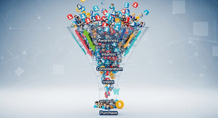 Illustrating the customer journey through the sales funnel, from awareness to purchase, with icons representing each stage