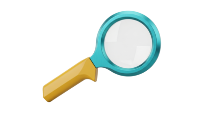 Isolated object of a yellow handled magnifying glass with blue frame, close-up macro