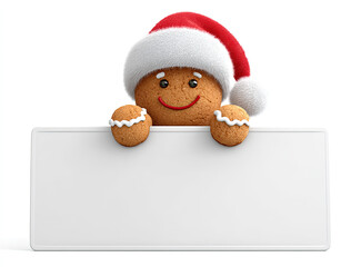 Smiling gingerbread man wearing red Santa hat peeking over blank wooden sign on white background