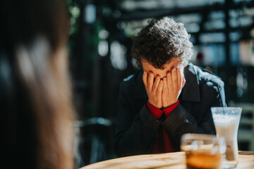 A person at a cafe holds their face in their hands, showing emotional distress and overwhelmed...