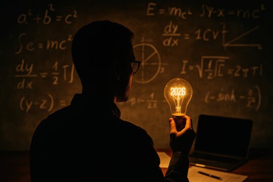 Illuminating Ideas: A Person Holding a Light Bulb Symbolizing Innovation and Knowledge Against a Background of Mathematical Equations and Scientific Concepts