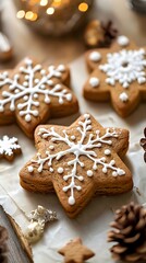Fototapeta premium Festive Snowflake Gingerbread Cookies: Christmas Baking Delight with Ornaments
