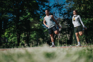 Diverse couple enjoying a warm-up stretch in a lush park under a clear sky. This image captures a...