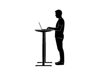 Obraz premium Male silhouette vector illustration of a person standing and working on a laptop at a modern desk