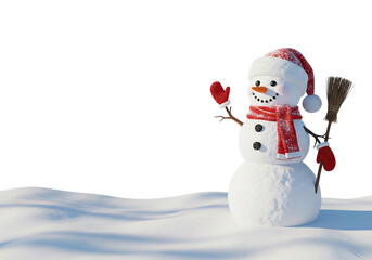Cute Snowman Waving Hand in Santa Hat and Scarf on Snow Isolated on White Background