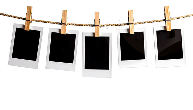 Five blank instant photos hanging on a twine clothesline
