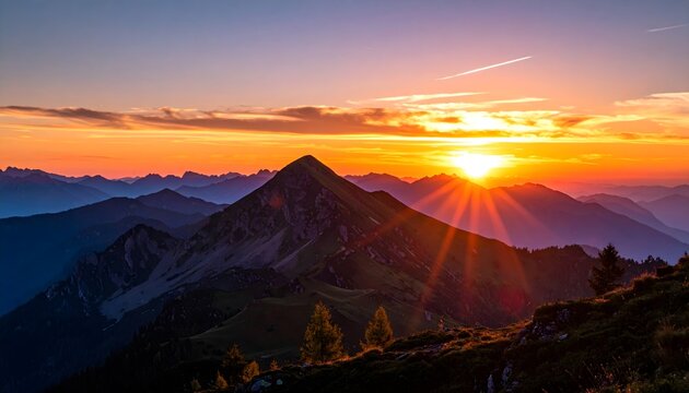 Sunset over mountain range with vibrant orange sky - Powered by Adobe