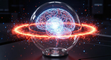 Brain visualization Futuristic glowing human brain inside a glass sphere, science technology concept