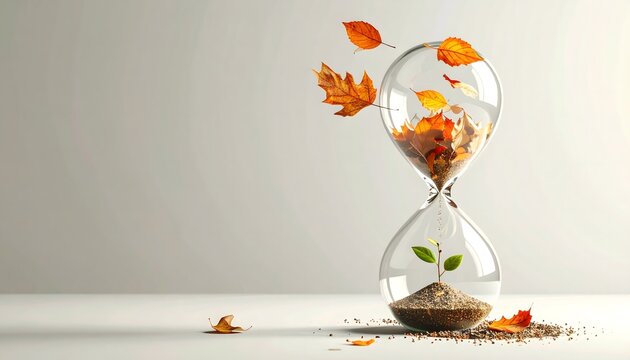 A seedling emerges from the sands of time as autumn leaves fall through an hourglass, symbolizing the cycle of life and new beginnings