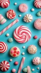 Fototapeta premium Vibrant Candy Assortment: Colorful Sweets on Turquoise Background for Confectionery Delight