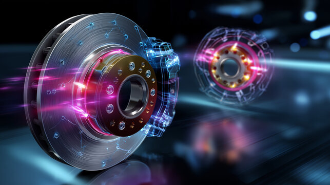 Educational engineering display — glowing CAD illustration of disc and drum brake comparison, neon highlights for key components, with copy space.