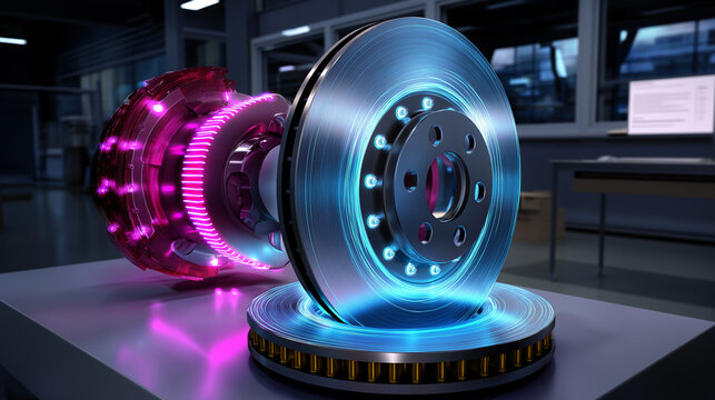 Educational engineering display — glowing CAD illustration of disc and drum brake comparison, neon highlights for key components, with copy space. - Powered by Adobe