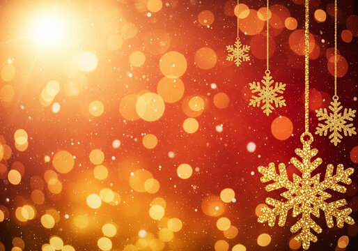 Golden Glittering Snowflakes Hanging Against Red Bokeh Lights Background With Falling Snow And Lens Flare