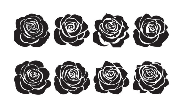 Black Rose Blossom Silhouette Collection.  Elegant Floral Vector Design Set