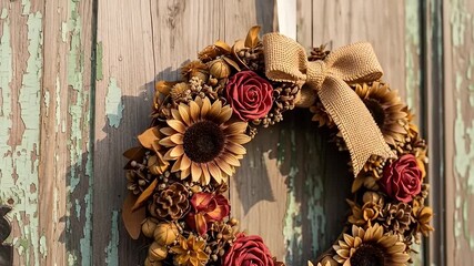 Autumnal wreath of sunflowers, roses, and pine cones on a weathered, painted wood door - Powered by Adobe