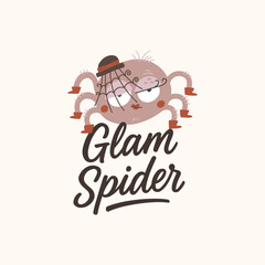 Cute Glam Spider Illustration. Modern Halloween Cartoon Character with Stylish Shoes and Hat. Funny Vector Art